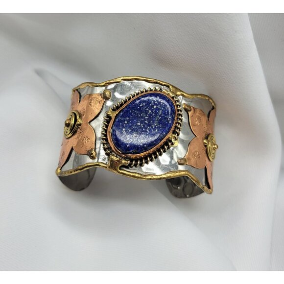 Mixed Metal Copper Flower Blue Lapiz Lazuli Cuff Bracelet B1A - Picture 1 of 9